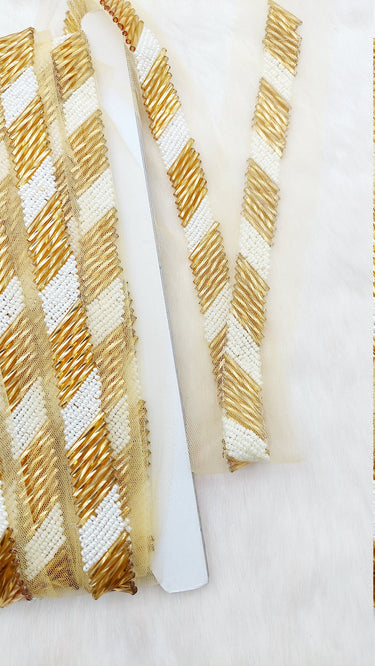 Beige Net Bridal Trim In Gold And White Beaded Embroidery, Hand Embroidered Bead Lace, Embroidered Lace